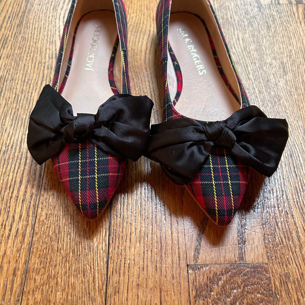 Jack Rogers Debra Tartan Plaid Bow Pointed Toe Ballet Flats Shoes Size 6 Holiday - Picture 3 of 7